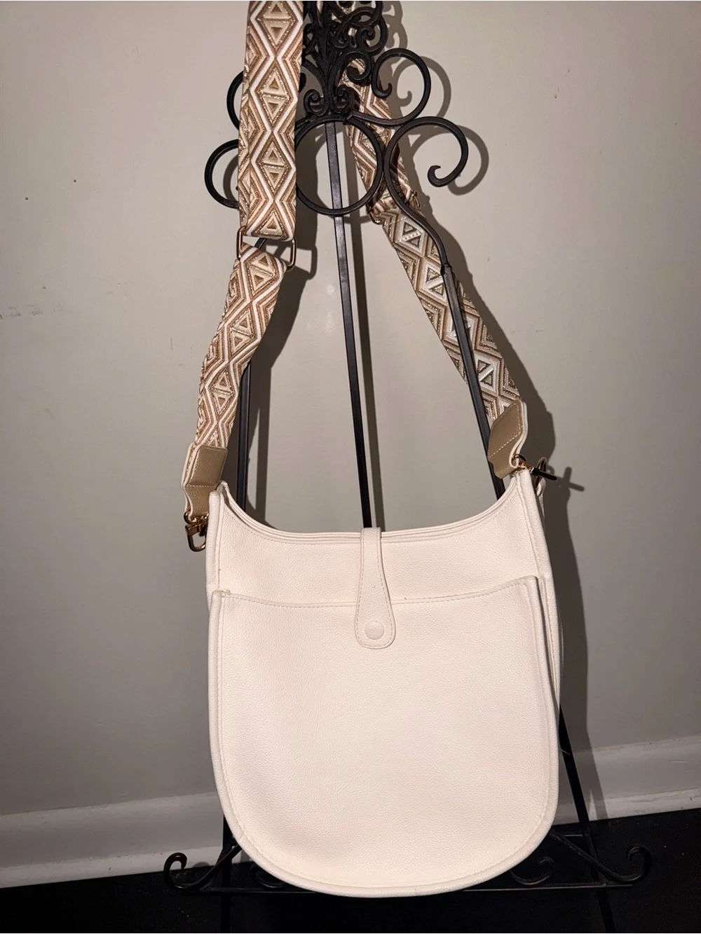 Women’s White Crossbody Bag with Patterned Strap